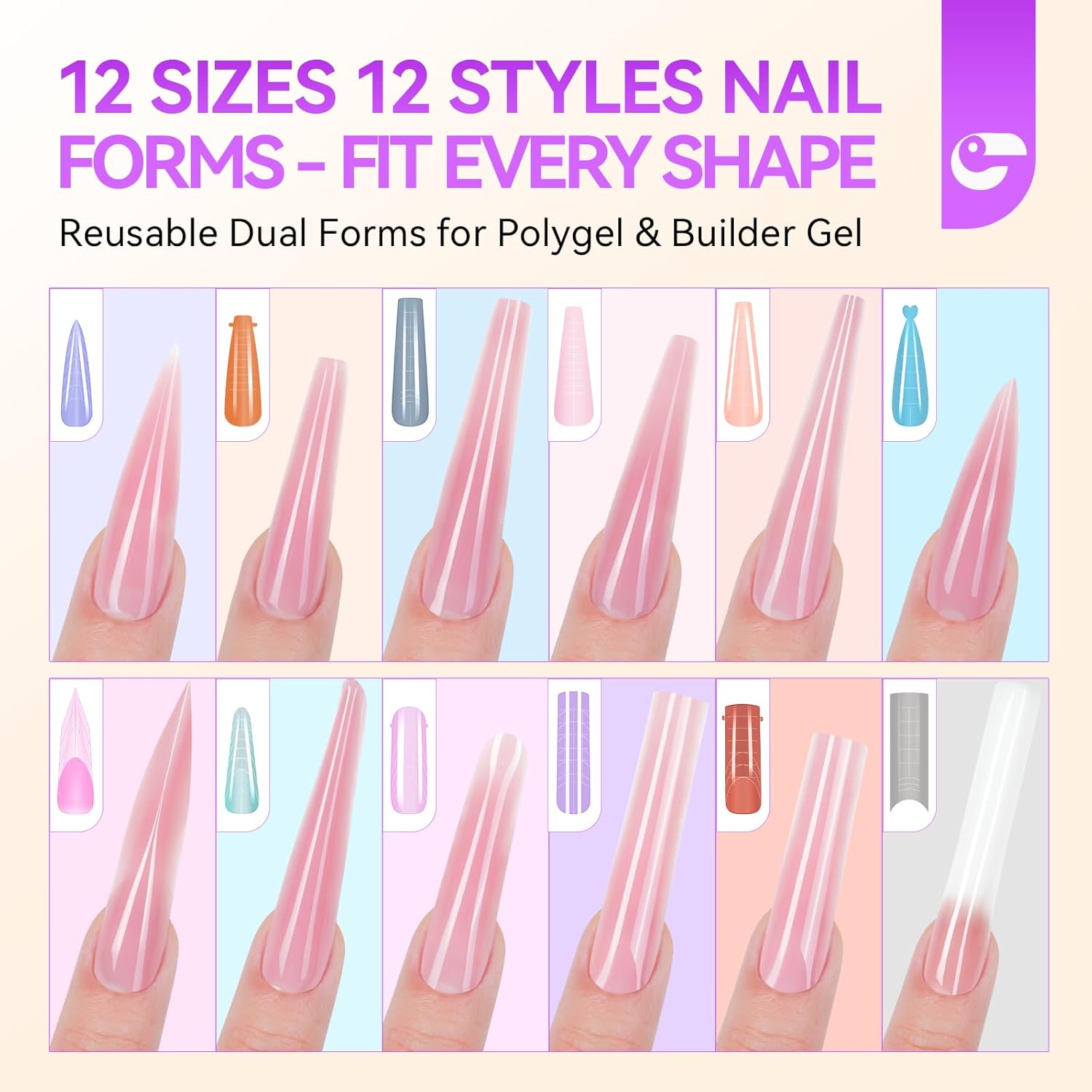288pcs Nail Dual Forms for Buildergel: Gelike EC 12 Unique Styles & Sizes for Professional Salon-Quality Manicures at Home-Velvo Beauty