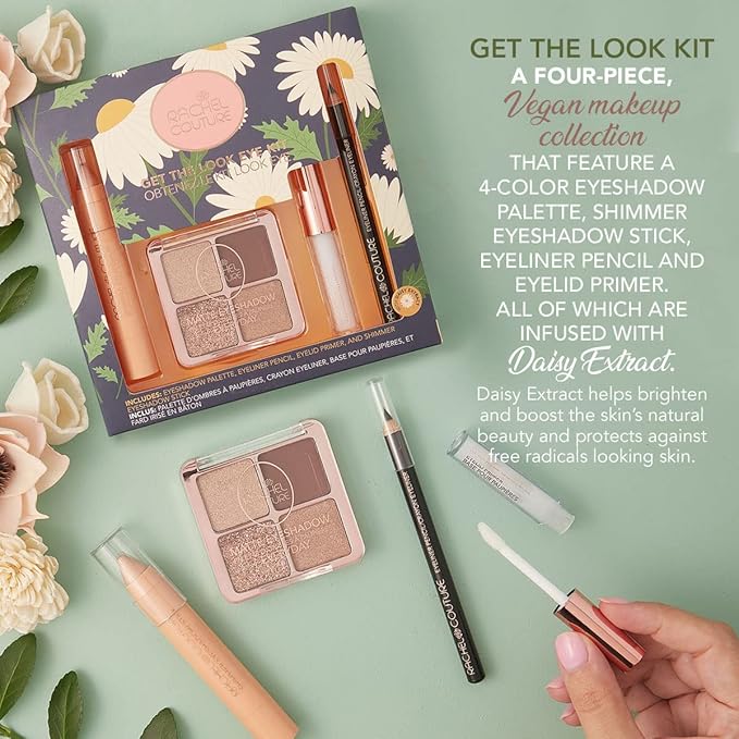 Rachel Couture Get the Look Eye & Lip Makeup Kit with Eyeshadow Palette, Eyeliner Pencil, & Eyelid Primer | Infused with Daisy Extract | Vegan & Cruelty-Free-Velvo Beauty