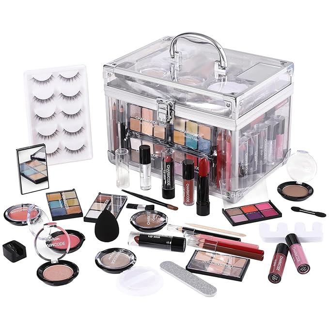 Makeup Kit for Women Full Kit - Eyeshadow Palette, Lipsticks, Lipgloss, Blushes, Contour, Highlighters, Makeup Pencil, False Eyelashes, Re-usable Train Case Gift Set for Teen Girls Starters Pros-Velvo Beauty