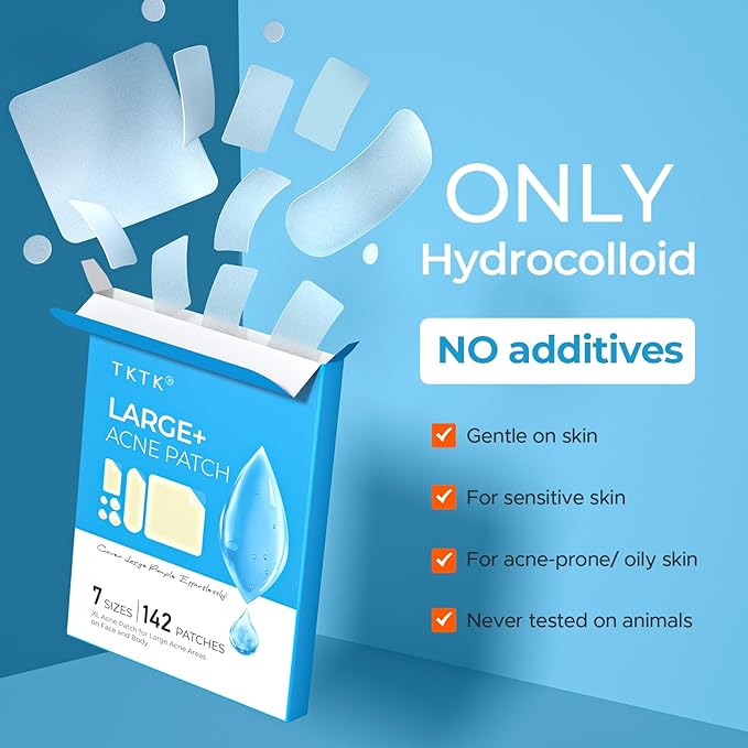 Large Acne Patches for Face, 7 Sizes Big Pimple Patches, XL Hydrocolloid Bandages for Body, Chin, Forehead, Nose, Back Blemish Zit Breakouts, Hydrocolloid Patch (Square, Strip, Dot 142 Count)-Velvo Beauty