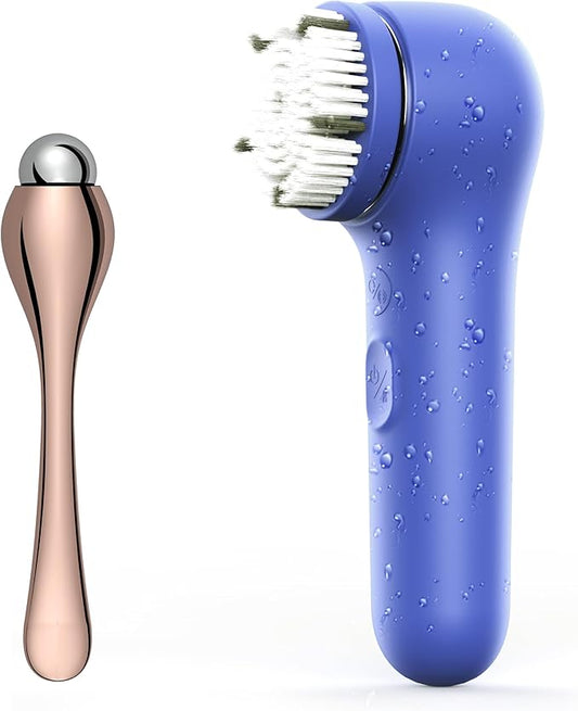 Premium Face Scrubber, Deep Pore Cleansing Brush, Waterproof & Rechargeable Face Scrub Brush for Men& Women, Electric Facial Exfoliator with 3 Brushes, 3 Intensities, 2 Modes with Eye Rollor - Azure-Velvo Beauty