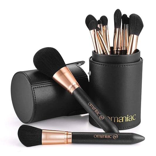 OMANIAC Makeup Brush Set Professional, 12 Pearlescent Wood Handle Makeup Brushes, Premium Cruelty-Free Synthetic Fiber Hair, Travel Make up Brushes Set with Case (Black).-Velvo Beauty