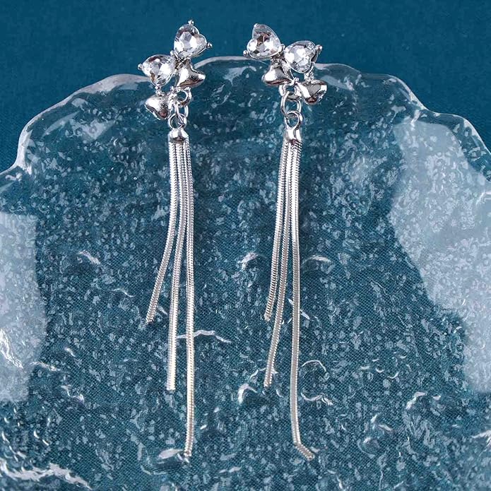 Vintage Crystal Bow Chain Drop Earrings Rhinestone Heart Stud Earrings Silver Long Chain Tassel Earrings Sparkly Cz Bridal Earrings Jewelry for Women-Velvo Beauty