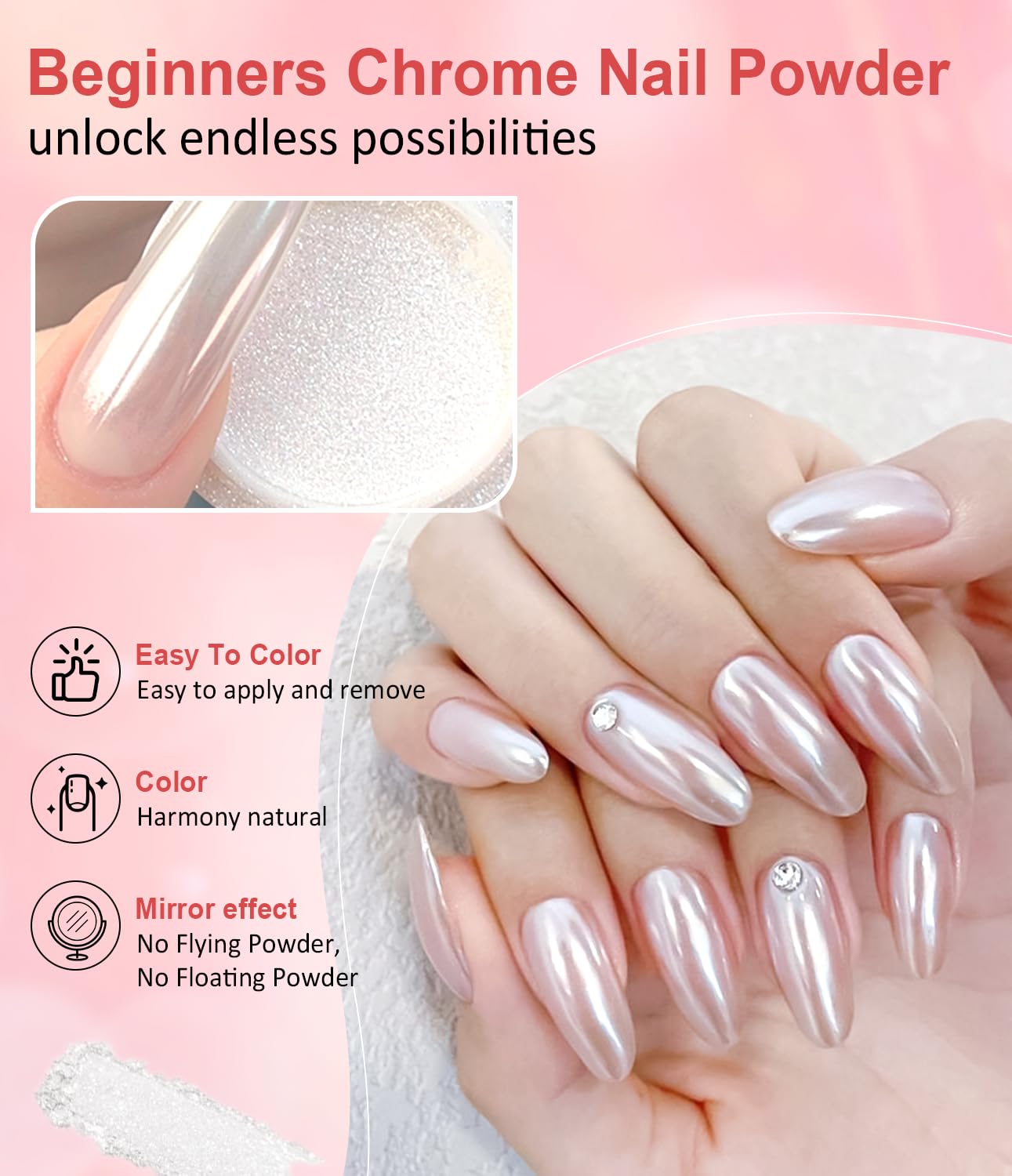 Pearl Chrome Nail Powder BISHENGYF -【Mirror Shinny Effect】 Magic Mirror Silver Chrome Nail Powder Aurora Mermaid Iridescent White Pearl Clear Nail Chrome Powder Pigment Glitter Dust for Manicure DIY-Velvo Beauty