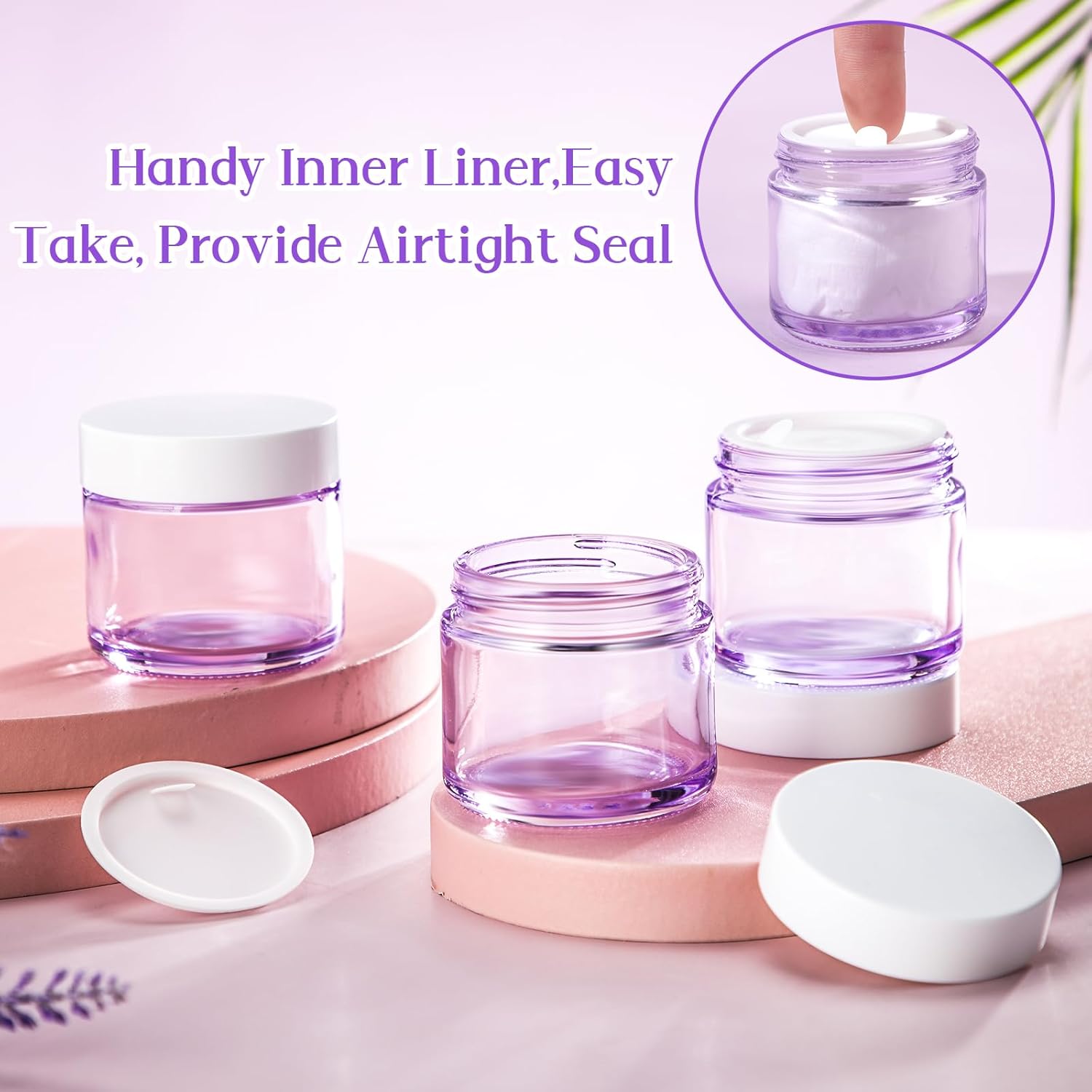 Domensi 32 Pcs 2 oz Glass Jars with Lids Travel Size Round Leakproof Empty Cosmetic Jars with Inner Liners Lid for Storing Makeup Lotions Face Cream Ointments Candle DIY Making (Light Purple)-Velvo Beauty