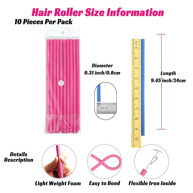 30PCS 9.45" Heatless Flexible Curling Rod, Skinny Small Flexi Rod Soft Twist Foam Hair Rollers for Tight Curl Women Girl Home Use Long and Short Hair (0.31 x 9.45 Inch, Pink#)-Velvo Beauty