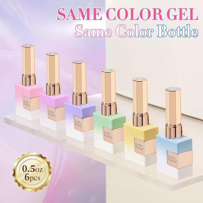 Double Rhythm 6 Pcs 15 ML Gel Polish Set Same Color Same Bottle Soak Off Gel Polish Kit Nail Art Manicure Salon DIY at Home for Women (Jelly Pink Purple Green Yellow Blue-T6-22)-Velvo Beauty