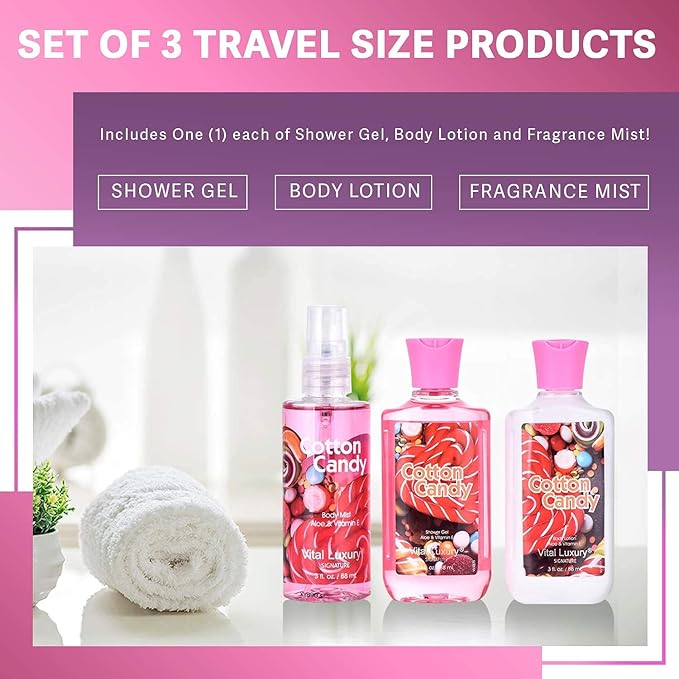 Bath & Body Care Travel Set - Home Spa Set with Body Lotion, Shower Gel and Fragrance Mist, Valentines Day Gifts for Her and Him(Cotton Candy)-Velvo Beauty