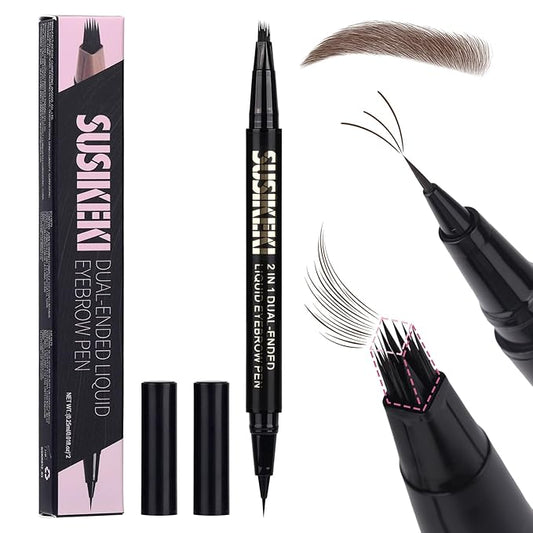 Dual Ended Microblading Eyebrow Pen - 2 in 1 Liquid Eyebrow Pencil with Brow-Fection Angled Brush & Precise Detail Brush-Tip, Shapes & Fills Hair-Like Looking Brows, Lasts All-Day, Dark Brown-Velvo Beauty