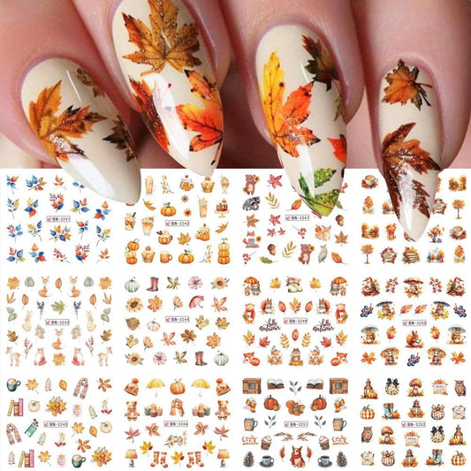 Fall Maple Leaf Nail Art Stickers for Thanksgiving Day Accessories - Autumn Water Transfer Decals With Fall Harvest Pumpkin Squirrel Bird Watermark Slider Foils for Women-Velvo Beauty