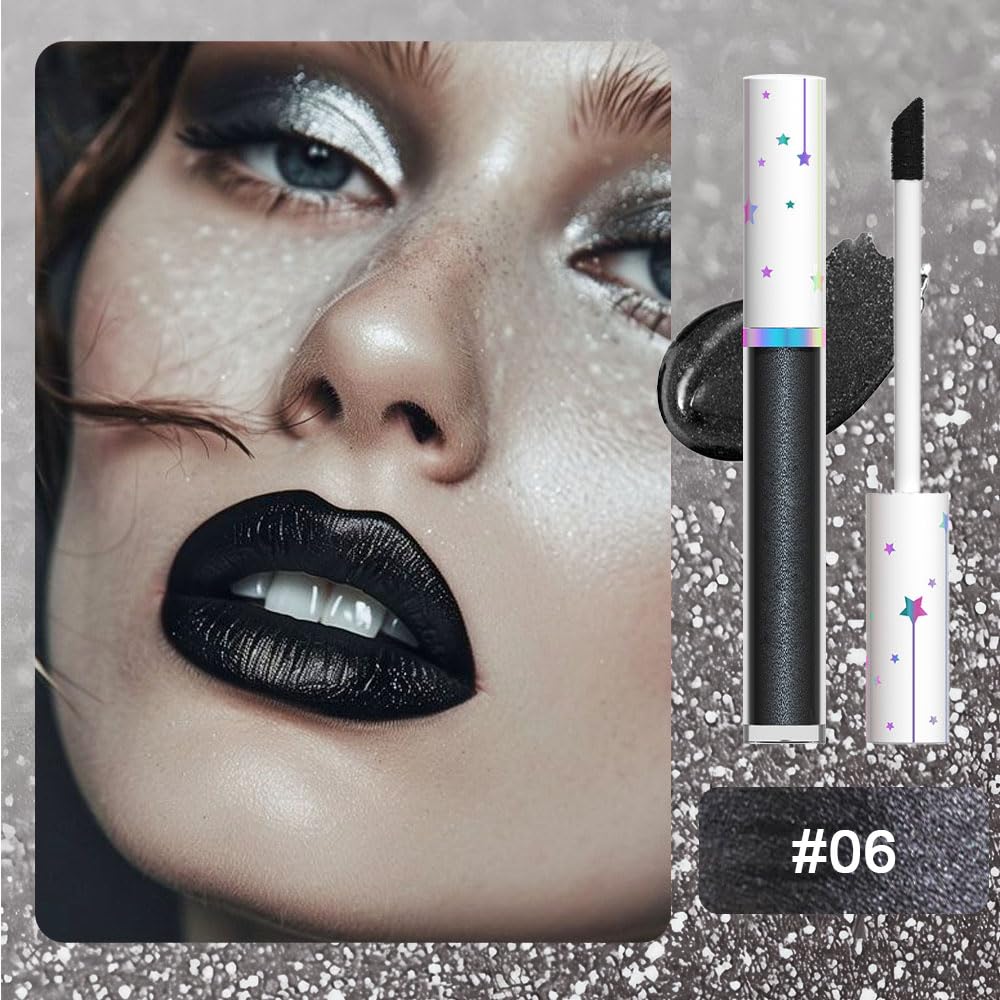 evpct 1Pcs Black Metallic Shimmer Glitter Lip Gloss Liquid Lipstick Long Lasting Waterproof 24, Glitter Pearlescent Metallic Sparkly Liquid Lipsticks Lip Stains Makeup Set for Women 06-Velvo Beauty