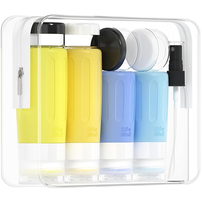 Morfone 16 Pack Silicone Travel Bottles Set for Toiletries TSA Approved Travel Containers Leakproof Squeezable Refillable Accessories 2oz 3oz for Shampoo Conditioner Lotion Liquids (Yellow Blue)-Velvo Beauty