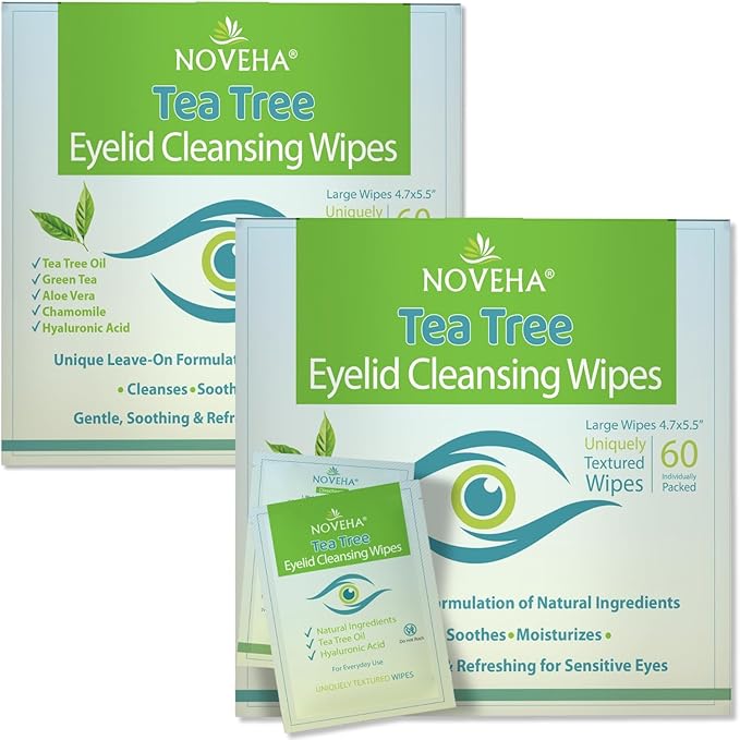 NOVEHA 120Pcs Tea Tree Oil Eyelid & Lash Wipes With Hyaluronic Acid, Green Tea & Chamomile For Blepharitis & Itchy Eyes, Individually Wrapped Eyelash Wipes, Natural Makeup Remover & Cleanser (2 Pack)-Velvo Beauty