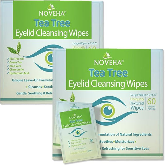 NOVEHA 120Pcs Tea Tree Oil Eyelid & Lash Wipes With Hyaluronic Acid, Green Tea & Chamomile For Blepharitis & Itchy Eyes, Individually Wrapped Eyelash Wipes, Natural Makeup Remover & Cleanser (2 Pack)-Velvo Beauty