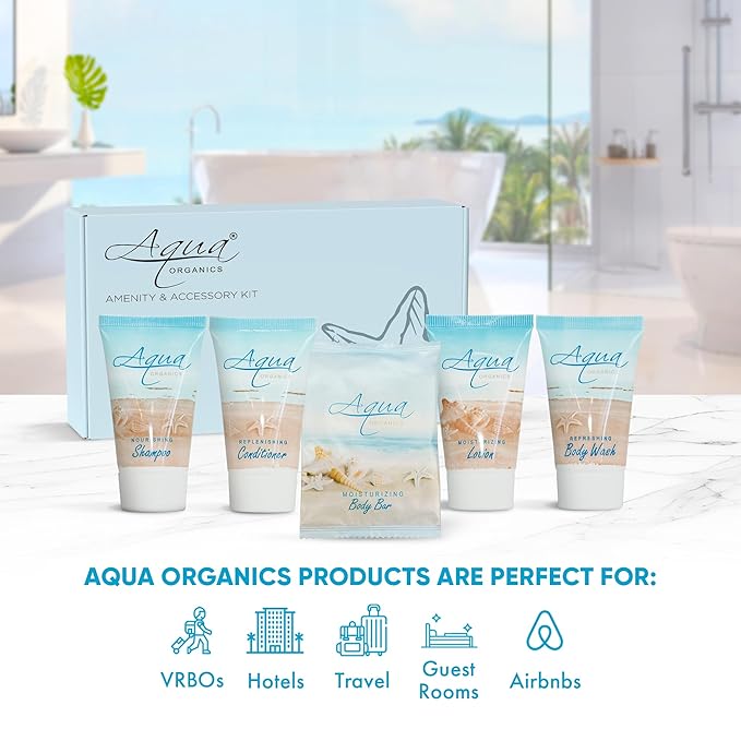Aqua Organics Amenity Kit|Boxed Hotel Toiletries|Bulk Set 1 oz Travel Size Shampoo, Conditioner, Lotion, Body Wash & Bar Soap for Guest Hospitality AirBnB/Vacation Rentals|300 Pieces-Velvo Beauty