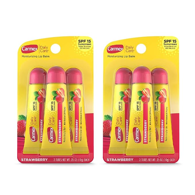 Carmex Daily Care Moisturizing Lip Balm with SPF 15, Strawberry Lip Balm Tubes, 0.35 OZ Each - 3 Count (Pack of 2)-Velvo Beauty