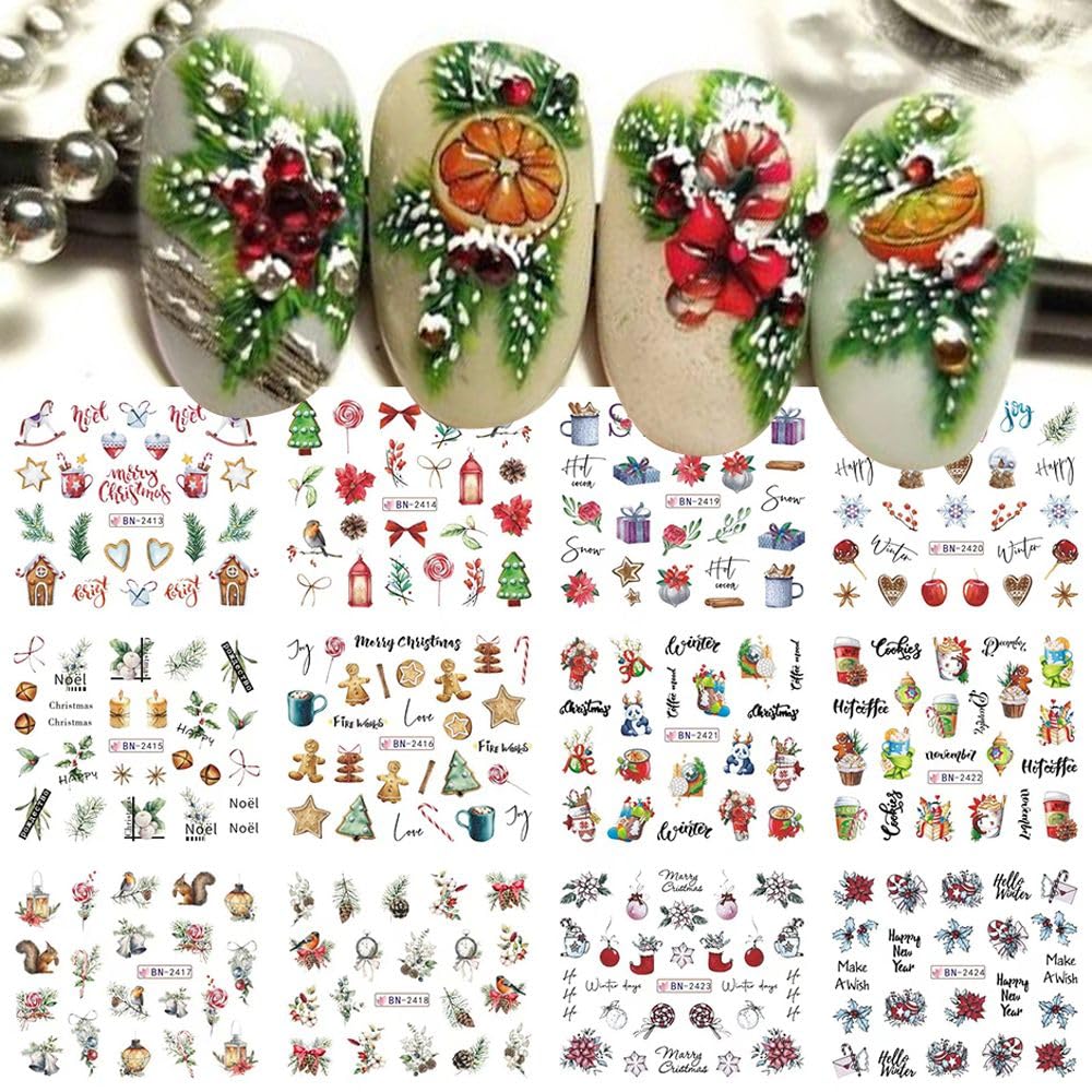 12 Sheets Christmas Nail Art Stickers Snowflake Water Transfer Nail Decals Holographic Gingerbread Man Snow Trees Winter Design Watermark Nail Foils Stickers for Women Xmas Nail Decorations-Velvo Beauty