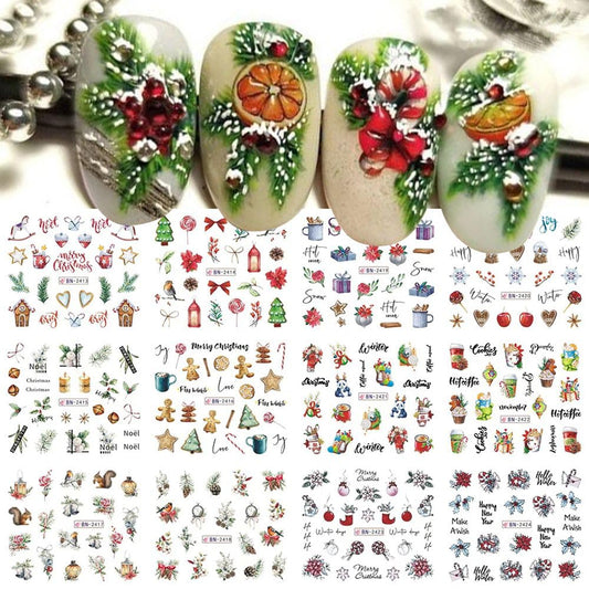 12 Sheets Christmas Nail Art Stickers Snowflake Water Transfer Nail Decals Holographic Gingerbread Man Snow Trees Winter Design Watermark Nail Foils Stickers for Women Xmas Nail Decorations-Velvo Beauty
