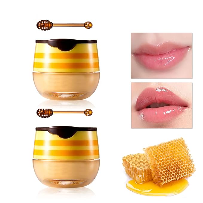 2Pcs Honey Pot Bee Lip Balm with Honey Spoon,Honey Lip Sleeping Mask Overnight 24HR Repair Lip Reduces Lip Lines,Exfoliator Moisturizing Moisture Dry & Chapped Lip Care Products-Velvo Beauty