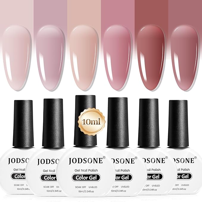 JODSONE 6PCS Jelly Gel Nail Polish Set 6Colors 10ml Long Lasting Neutral Nude Pink Pale Purple Jelly Gel Polish Art for Nail and Salon Need U V Lamp-Velvo Beauty