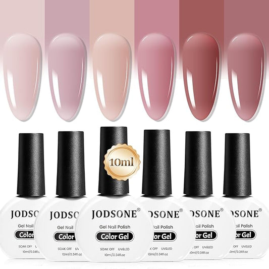 JODSONE 6PCS Jelly Gel Nail Polish Set 6Colors 10ml Long Lasting Neutral Nude Pink Pale Purple Jelly Gel Polish Art for Nail and Salon Need U V Lamp-Velvo Beauty