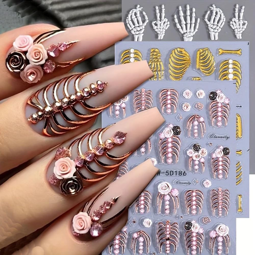 3Pcs Skull & Ribcage 5D Nail Stickers - Y2K Gothic Horror Design, Self-Adhesive Foil Decals Halloween Nail Art, Single-Use Plastic Embossed Animal Print, Golden, White, Rose Gold Skull Nails Decals-Velvo Beauty