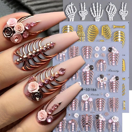 3Pcs Skull & Ribcage 5D Nail Stickers - Y2K Gothic Horror Design, Self-Adhesive Foil Decals Halloween Nail Art, Single-Use Plastic Embossed Animal Print, Golden, White, Rose Gold Skull Nails Decals-Velvo Beauty