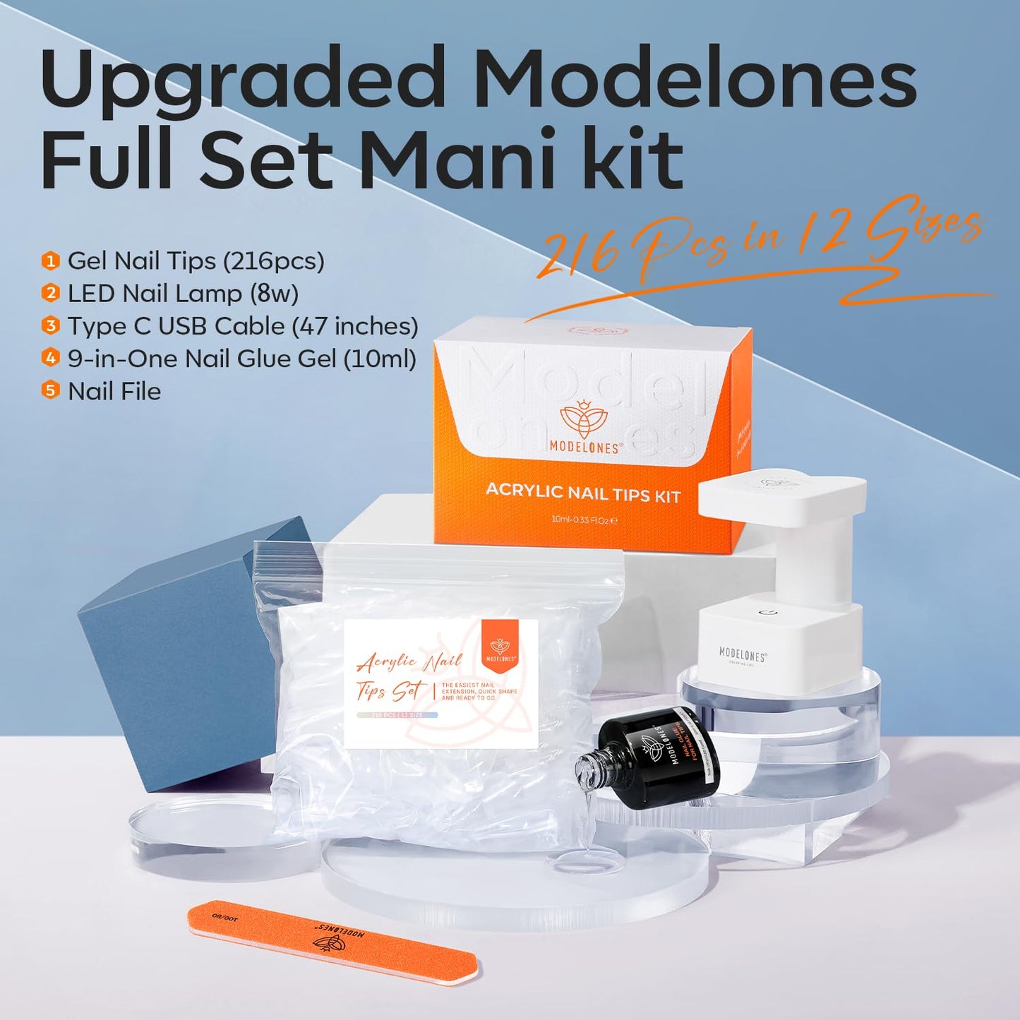 modelones Extra Short Almond Gel Nail Tips Kit, 9-in-One Nail Glue with Portable U V Lamp 216Pcs 12Sizes Pre-Etched Press ons Fake Acrylic Extension Kit DIY Salon Gift for Women-Velvo Beauty