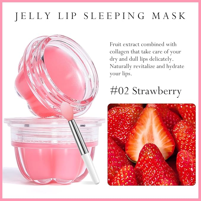 2Pc Jelly Lip Mask Overnight,Fruity Strawberry Lip Sleeping Mask Day Night Repair Kawaii Lip Balm Hydrate Plump Dry Lip Scrubs Exfoliator,Lip Care Lip Moisturizer with Collagen-Strawberry-Velvo Beauty