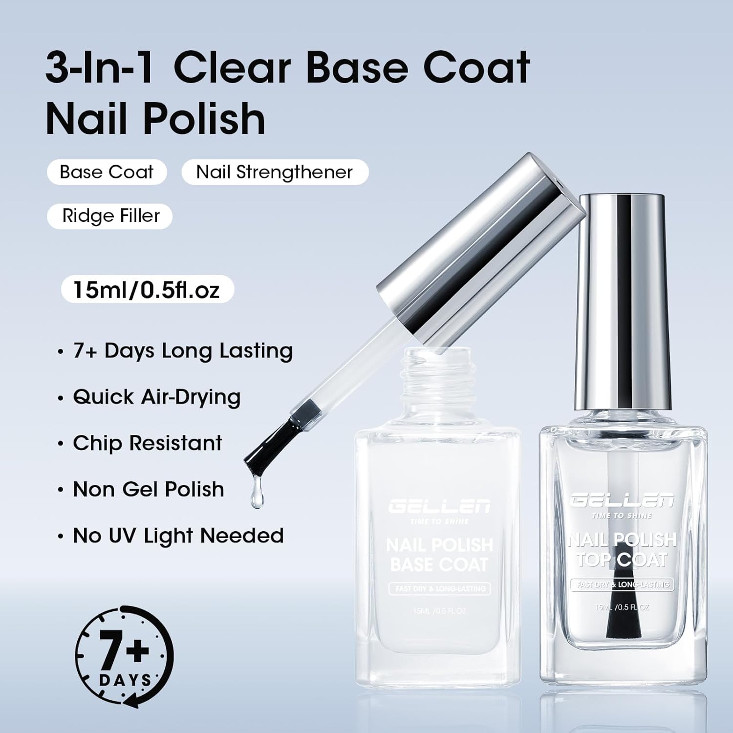 GELLEN Clear Nail Polish Base Top Coat, No Wipe High Gloss Shine Top Coat Quick Dry, Sheer Nail Base Coat Strengthener Strengthens Nails - Calcium Formula, Non UV Gel, Hema Free, Non-toxic, No Chip-Velvo Beauty