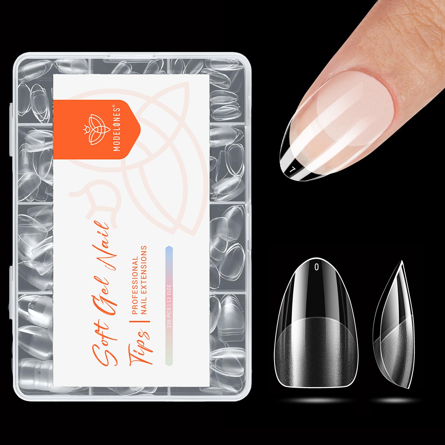 modelones Extra Short Almond Nail Tips, Pre-shaped Tips x Gel Soft Fake Nails False Acrylic Clear Full Cover Press on Extension Kit x Gel Manicure DIY at Home 216PCS 12Sizes-Velvo Beauty