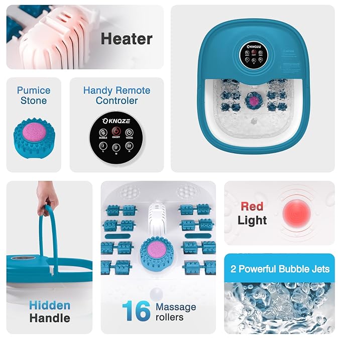Collapsible Foot Spa with Heat, Remote Control, Temperature Control, Bubbles, Pumice Stone, Red Light, Timer, 16 Massage Roller Pedicure Foot Bath Tub Foot Soaker for Relaxation & Stress Relief-Velvo Beauty