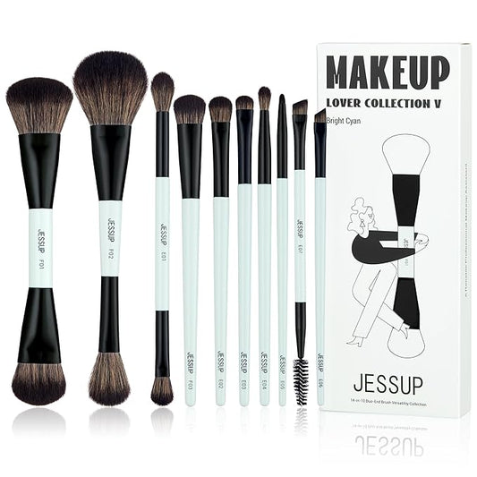 Jessup Makeup Brushes Set 10pcs, Double Sided Foundation Contour Blush Highlight Blending Eyebrow Brush Eyeshadow Eyeliner Concealer Brush, Bright Cyan Cruelty Free Cosmetic Tools T500-Velvo Beauty