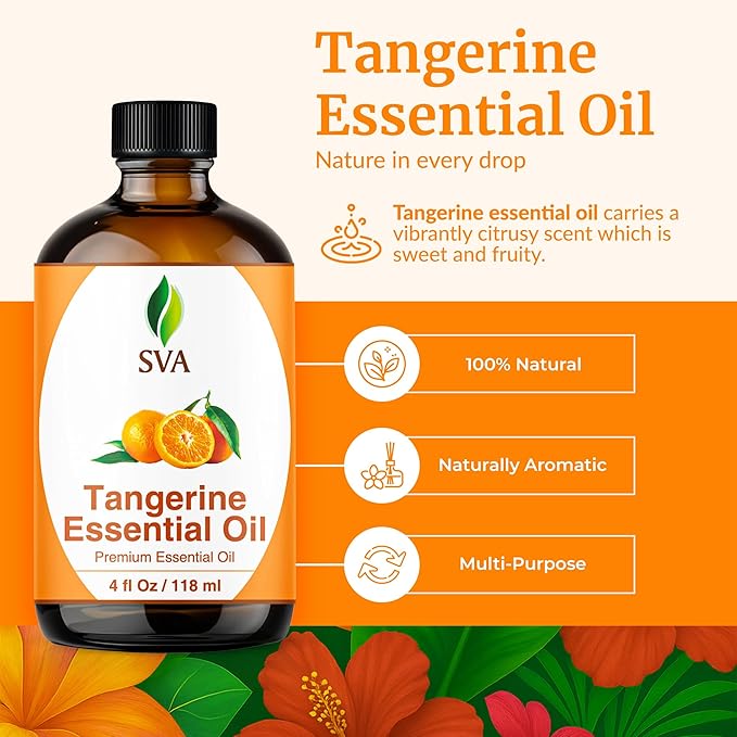 SVA Tangerine Essential Oil – 4 Fl Oz – 100% Natural Tangerine Oil - for Diffuser, Hair Care, Face, Skin Care, Aromatherapy, Scalp and Body Massage, Soap and Candle Making – with Dropper-Velvo Beauty