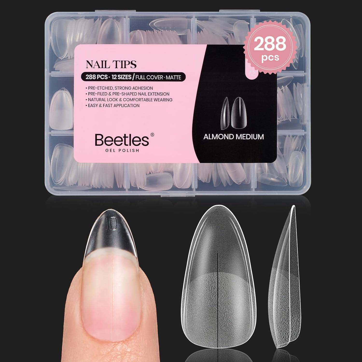 Beetles Medium Almond Nail Tips: 288PCS Medium Almond Matte Clear False Acrylic Press on Nails Tips 12 Sizes Pre-shape Full Cover Nail Tips Nail Extension DIY Valentines Day Gifts for Women-Velvo Beauty