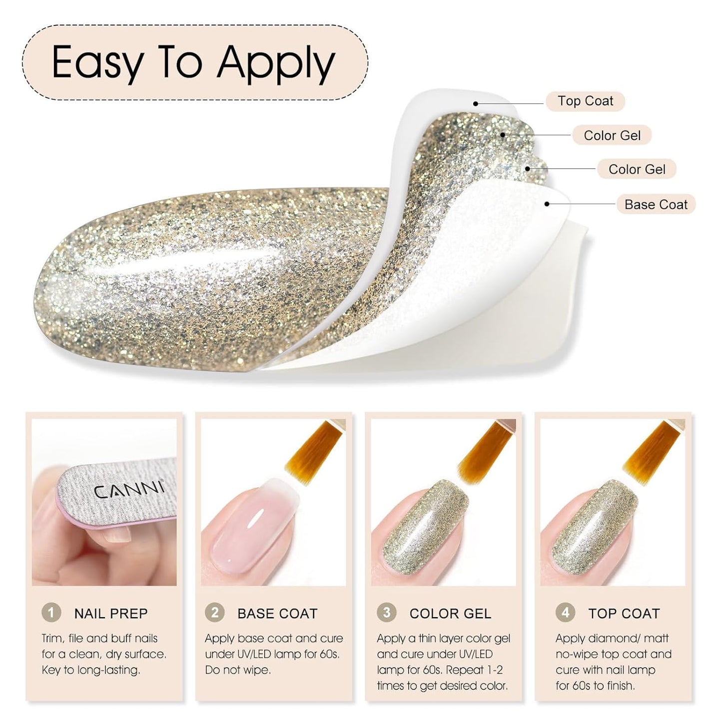 CANNI Champagne Gold Glitter Gel Polish – 9ML Sparkly Soak-Off UV/LED Gel Nail Polish, Shiny Metallic Finish for French Manicure, DIY or Salon Use-Velvo Beauty