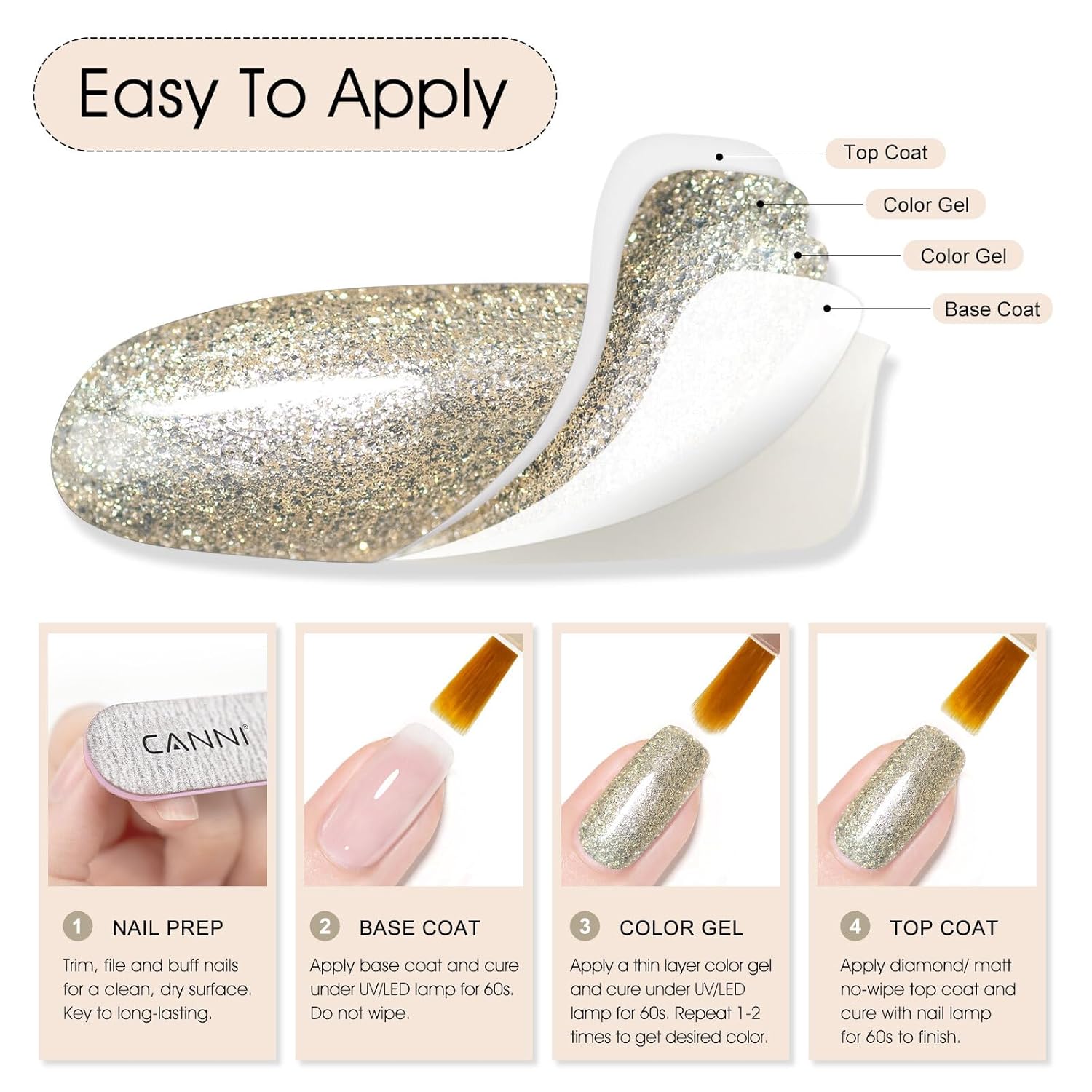 CANNI Champagne Gold Glitter Gel Polish – 9ML Sparkly Soak-Off UV/LED Gel Nail Polish, Shiny Metallic Finish for French Manicure, DIY or Salon Use-Velvo Beauty