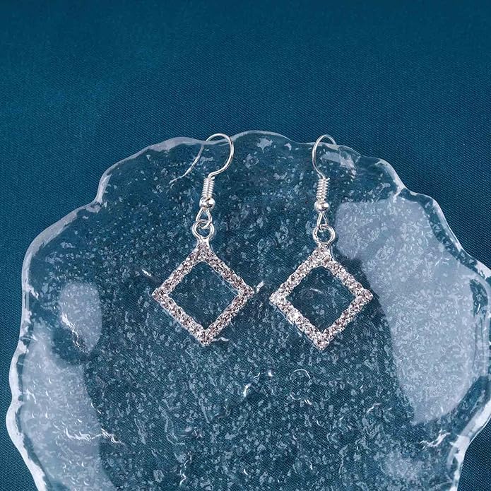 Vintage Crystal Square Drop Earrings Rhinestone Square Dangle Earrings Hollow Square Hook Earrings Silver Sparkly Cz Square Earrings Jewelry for Women-Velvo Beauty