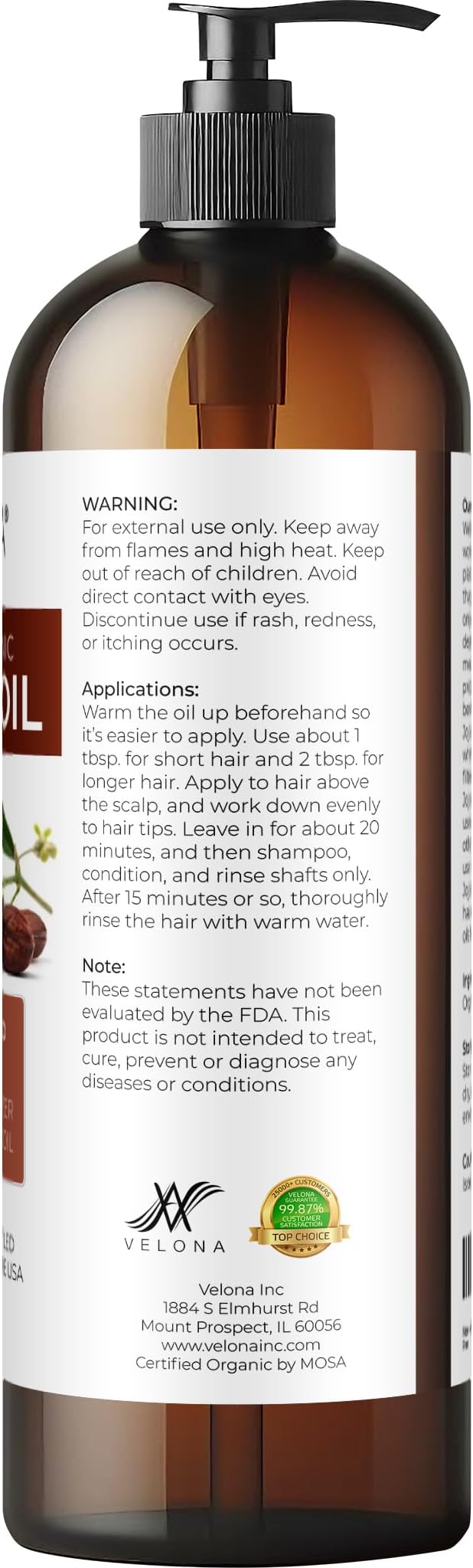 velona Jojoba Oil USDA Certified Organic - 16 fl oz (With Pump) | 100% Pure and Natural | Golden, Unrefined, Cold Pressed, Hexane Free | Moisturizing Face, Hair, Body, Skin Care-Velvo Beauty