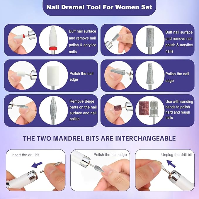 Electric Nail Drill File Cordless,Portable Rechargeable Nail File Kit for Acrylic & Gel Nails,Professional Efile for Manicure Pedicure Polishing,with 12 Nail Drill Bits 31 Sanding Bands,White-Velvo Beauty