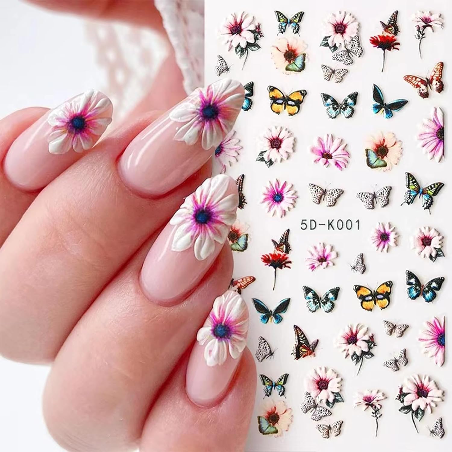 Pink Flower Nail Art Stickers Decals 5D Embossed Nail Decals Spring Summer Nails Art Design Self-Adhesive Supplies Accessories 3D Flower Stickers for Women Nails DIY Decoration-Velvo Beauty