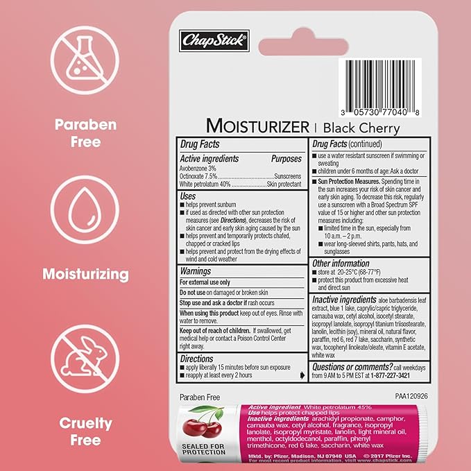 ChapStick Moisturizer 2-in-1 Lipcare SPF 15 Black Cherry 3-Pack + Classic Cherry Lip Balm 2-Pack, 0.15 Oz Ea (5 Piece Set)-Velvo Beauty