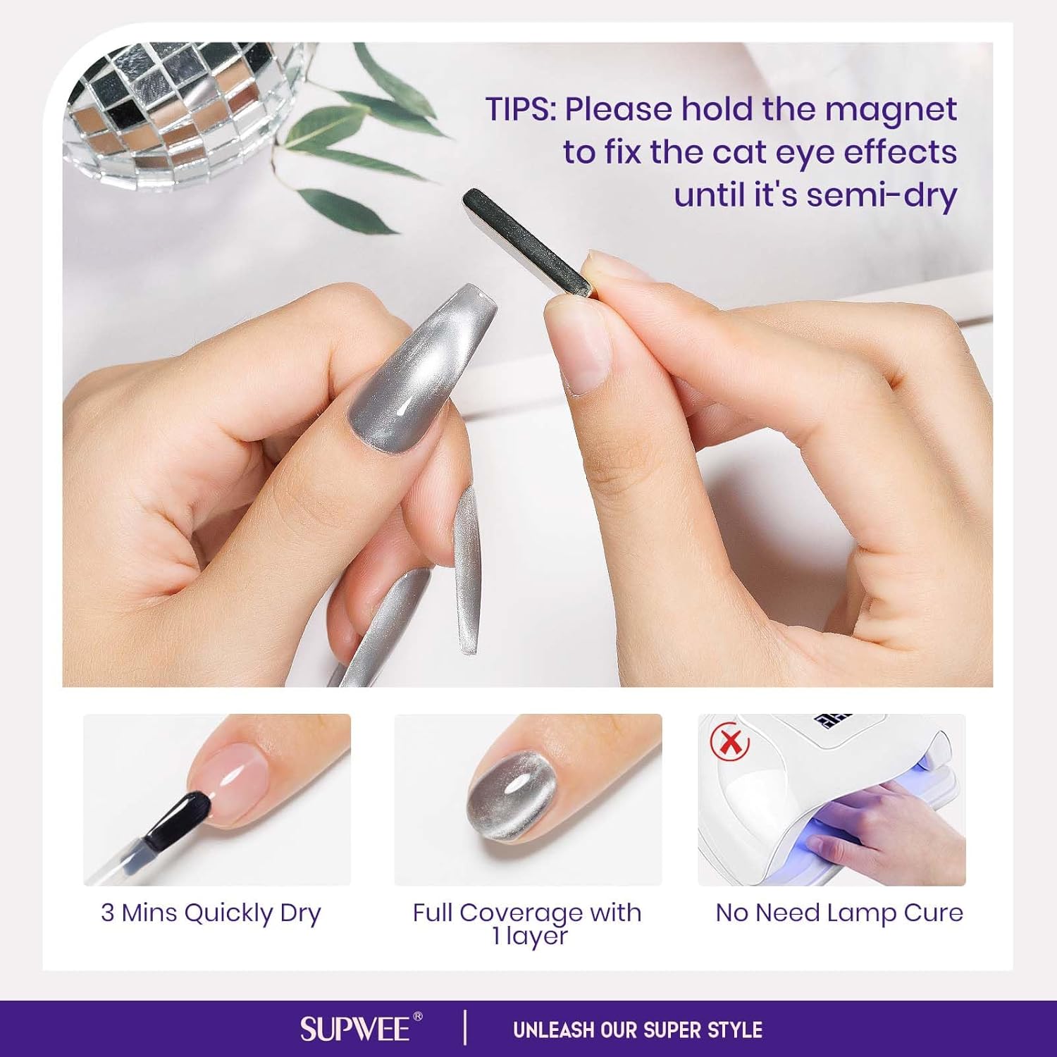 Quick Dry Cat Eye Nail Polish, Silver Magnetic Nail Polish Shimmer Glitter with Magnet High Glossy Fingernail Air Dry Fast Manicure DIY Salon Fall Colors-Velvo Beauty