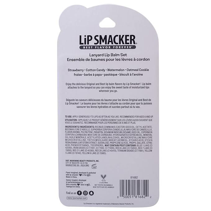 Lip Smacker Flavored Lip Balm & Pink Lanyard Set | Strawberry, Cotton Candy, Watermelon, Oatmeal Cookie Flavors | For Kids | Stocking Stuffer | Christmas Gift | Set of 4-Velvo Beauty