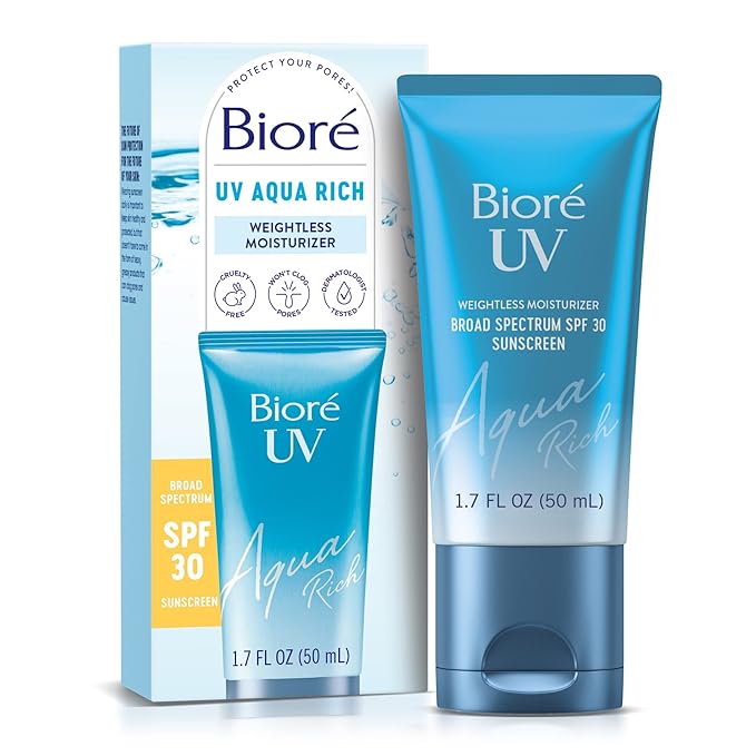 Biore UV Aqua Rich SPF 30 PA+++ Daily Moisturizer Sunscreen for Face, For Sensitive Skin, Oil Free, Hyaluronic Acid, Vegan, Oxybenzone & Octinoxate Free, Dermatologist Tested, 1.7 Oz-Velvo Beauty