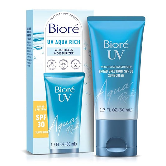 Biore UV Aqua Rich SPF 30 PA+++ Daily Moisturizer Sunscreen for Face, For Sensitive Skin, Oil Free, Hyaluronic Acid, Vegan, Oxybenzone & Octinoxate Free, Dermatologist Tested, 1.7 Oz-Velvo Beauty