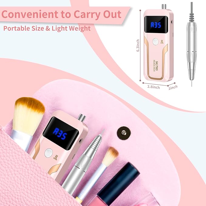 Portable Nail Drill Professional 35000 RPM, MOCOWIND Rechargeable Electric Nail File Machine E File for Acrylic Gel Polishing Removing, Cordless E-File with Bits Kit for Manicure Salon Home,Pink-Velvo Beauty