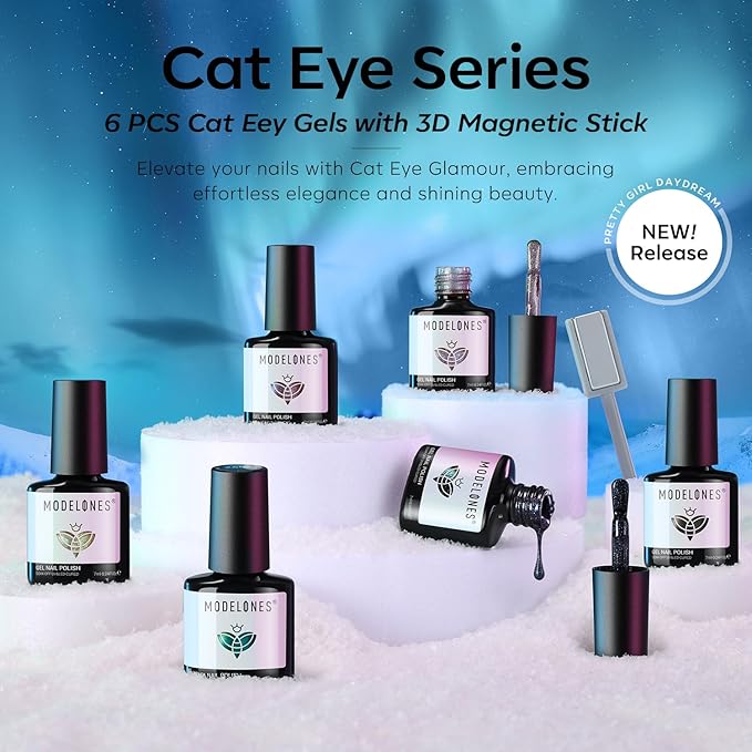 modelones Cat Eye Gel Nail Polish Set, 6 Colors Holographic 9D Glassy Cat Eye Glitter Gel Polish Set Black Blue Purple Green Nail Polish Kit with Magnet Soak Off LED Nail Art DIY Salon Gift-Velvo Beauty