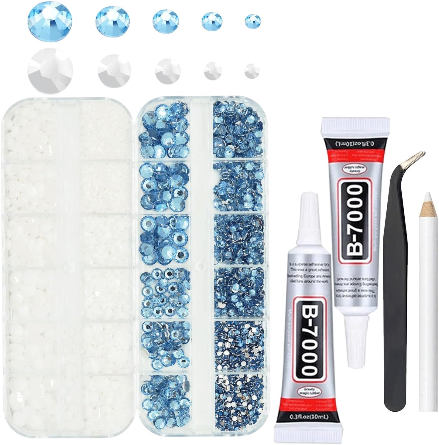 Light Blue White Rhinestones for Bedazzling With B7000 Glue, 2mm 3mm 4mm 5mm 6mm (SS8-SS30) Non-Hotfix Flatback Baby Blue White Nail Crystals Gems Beads for Bedazzle Crafting, DIY Nail Art-Velvo Beauty