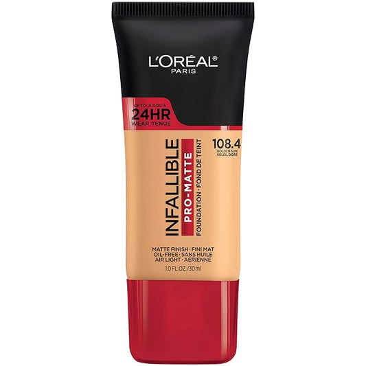 L'Oreal Paris Cosmetics Makeup Infallible Pro-Matte Liquid Longwear Foundation, Golden Sun Beige, 1 fl oz-Velvo Beauty
